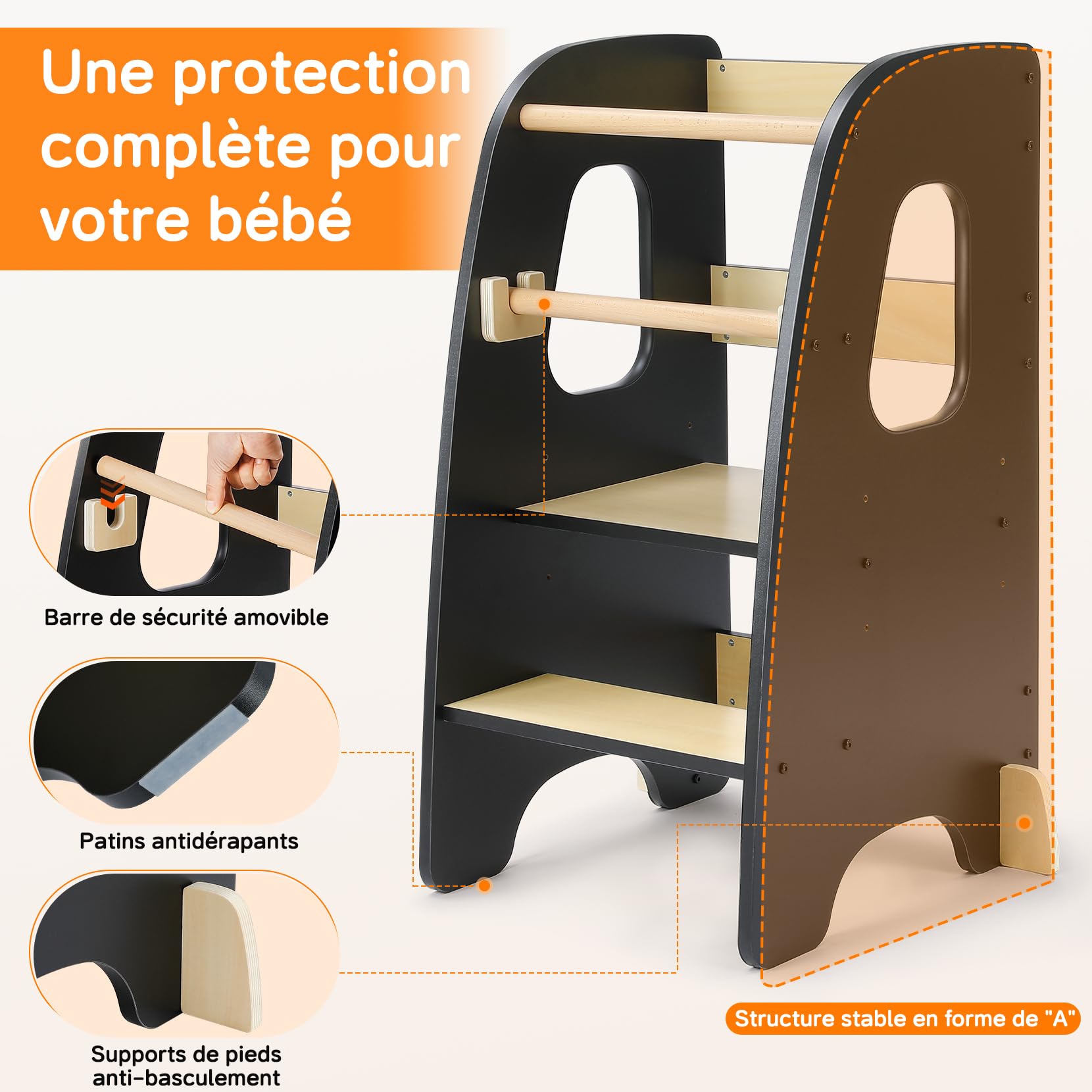 Tour d'apprentissage pour Enfants, Tour d'apprentissage 3 Hauteurs Réglables, Tour d'observation Enfant Montessori, Tour Eveil Bébé en Bois (Noir)