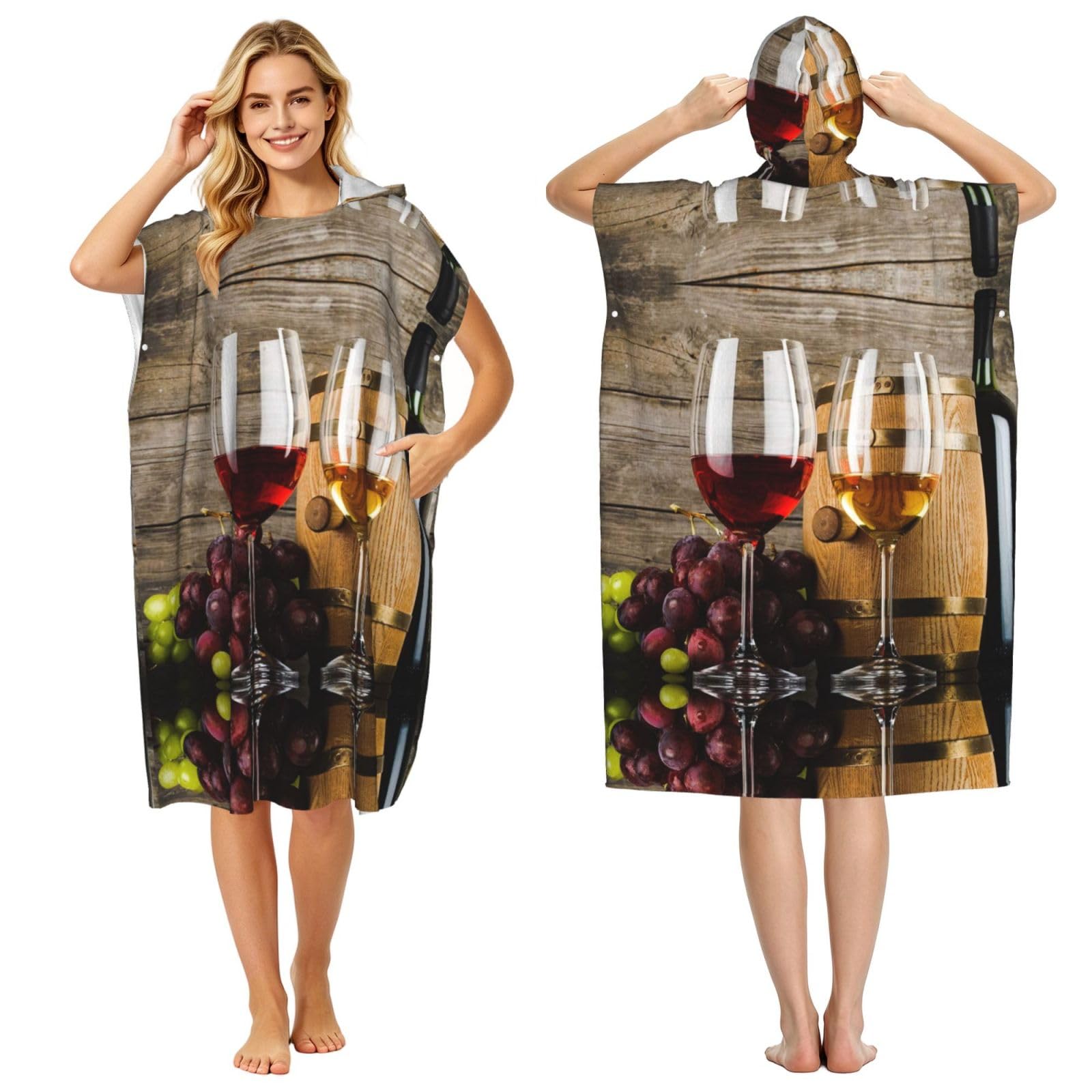 EZDLOWVBA Red Wine Galsses & Grapes With Wooden Print Hooded Poncho Microfiber Beach Towel,Adult Women & Men Changing Robe,Lightweight Summer Surf Swim Bath Poncho Towel