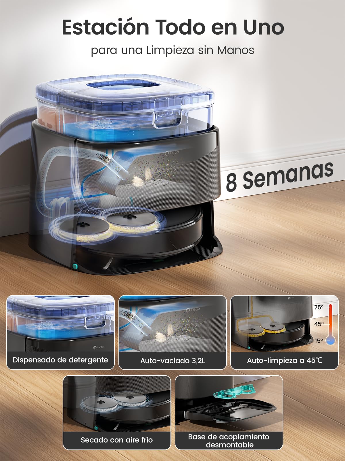 Lefant M3 MAX Robot Aspirador y Fregasuelos con Base de Autovaciado, Todo en Uno 20 000 Pa, Autonomía 210 min, Autovaciado 3,2 L, Autolavado/Secado Mopa, Navegación dToF, 5G WiFi/Alexa/App, Negro
