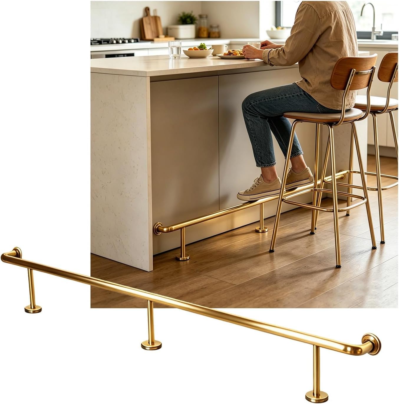 Epano Gold Lxxw Bar Foot Rail Bar Foot Rail Kit, 3.28~16.4Ft Rails Stainless Steel Feet For Restaurant Library Reception Desk(,5.0M/16.40Ft)