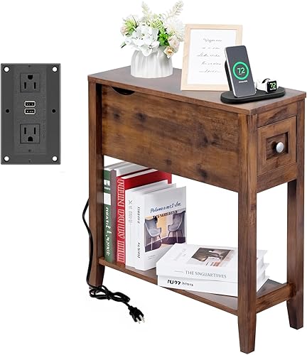 Mesa auxiliar con cargador, mesa auxiliar de cereza con parte superior móvil y estación de carga, mesa auxiliar estrecha con armario de