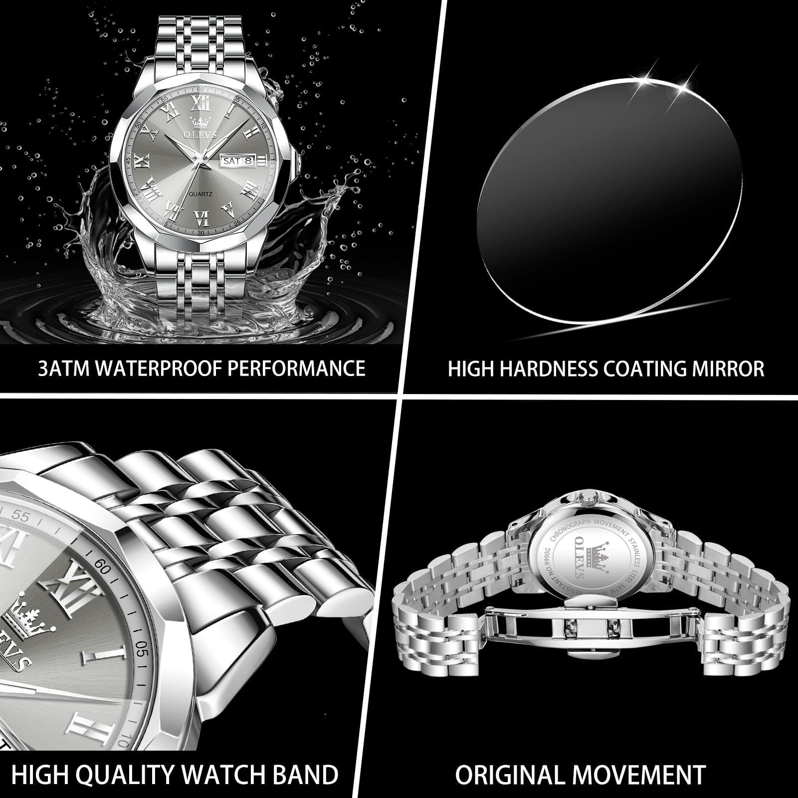 OLEVS Watch Men Luxury Watches for Men （Silver/Gold/Blue/Black）(Diamond/Roman Numeral/Arabic Numeral) Dial Watches Stainless Steel Watch Date Waterproof Dress Casual Reloj