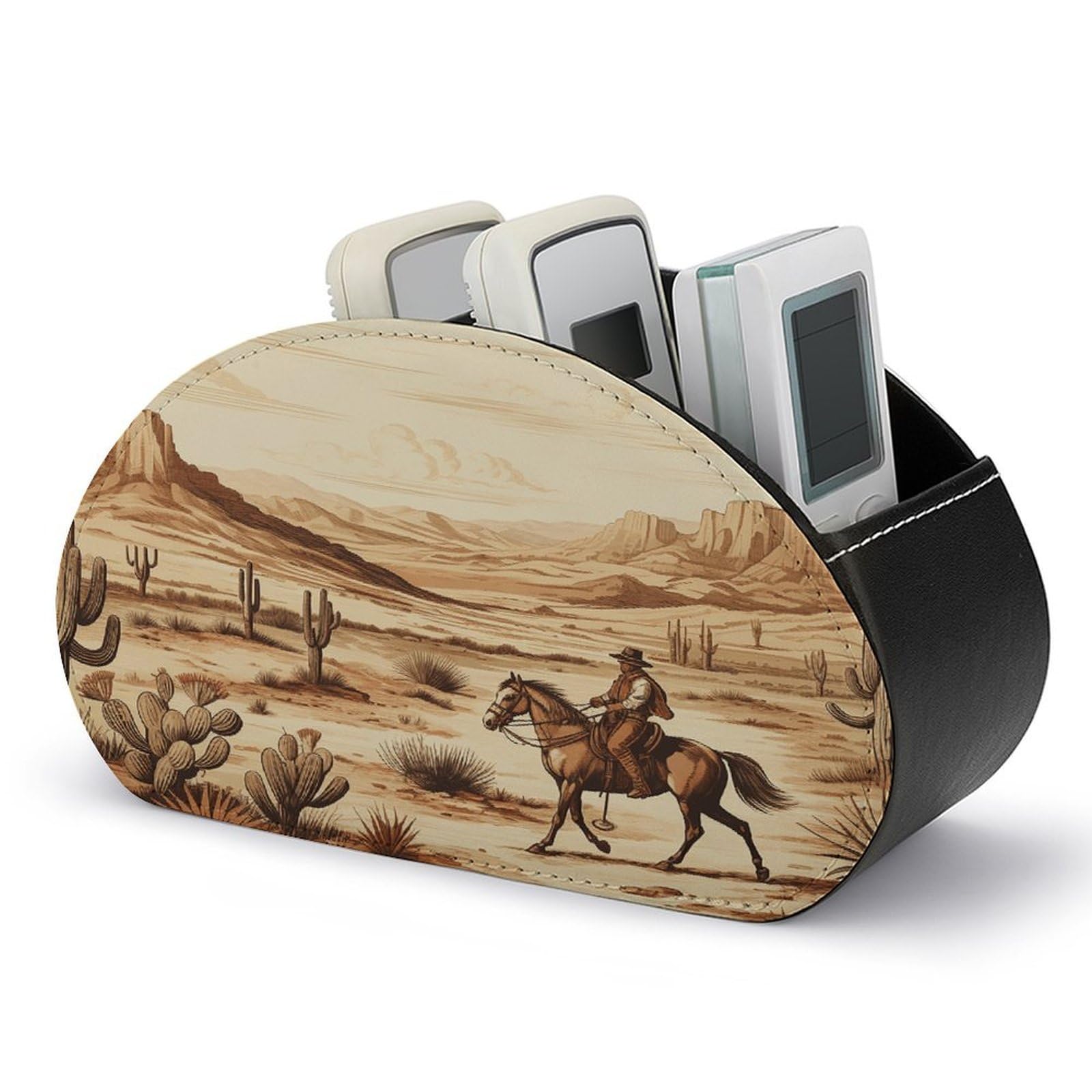 West Desert Cactus with Cowboys Riding Horses Remote Control Holder with 5 Compartments PU Leather TV Remoter Caddy Desktop Organizer TV Remote Holder Remote Box for Media Controllers Office Supplies