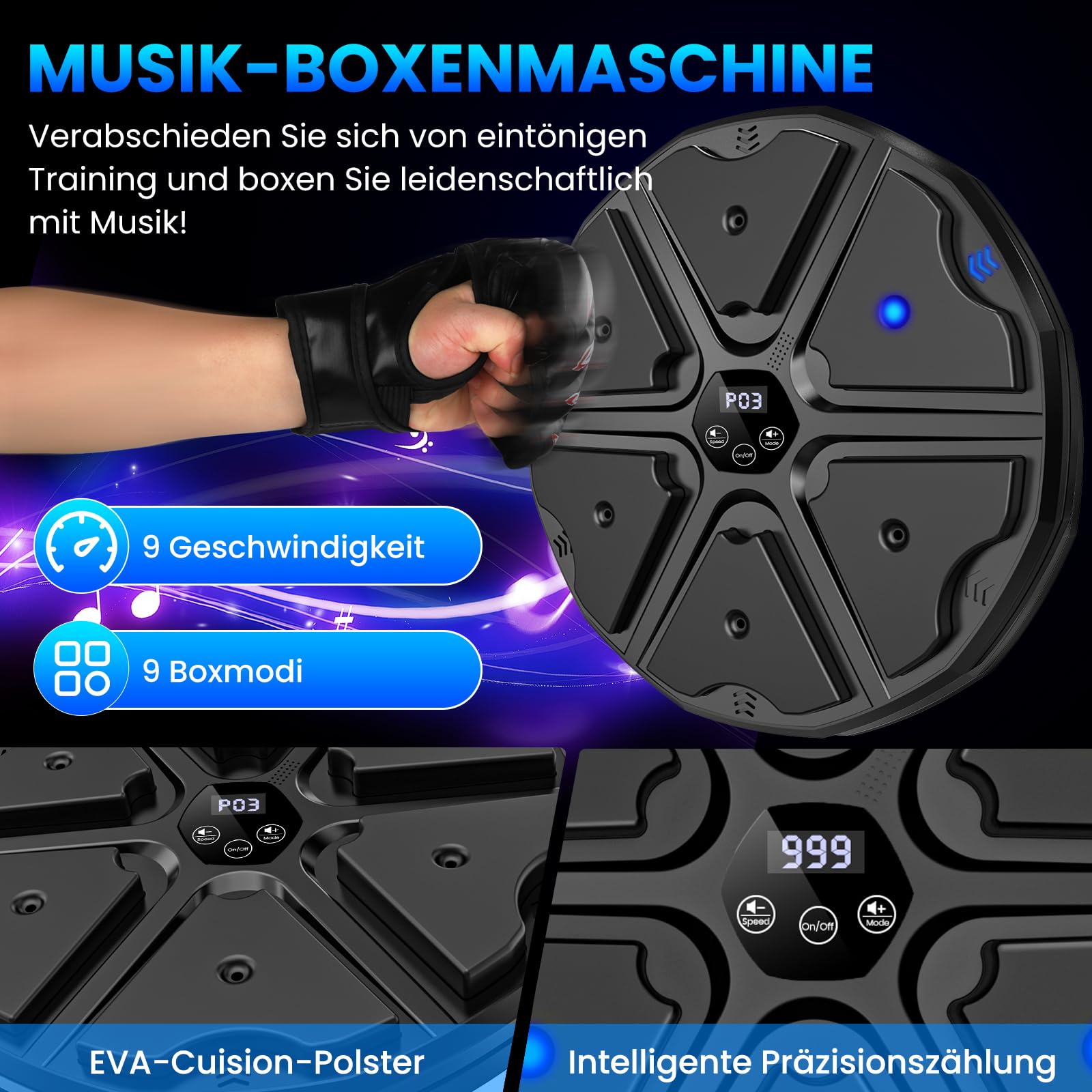 Music Boxing Machine, LED Elektronische Musik Boxing Machine mit Boxhandschuhen, 9 Geschwindigkeitsmodi und Zählmodus Unterstützt Bluetooth, Geschenk Für Erwachsene und Kinder Exercise