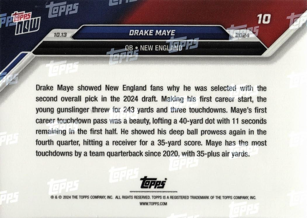 2024 Topps Now Football #10 Drake Maye Rookie Card - Rockets 3 TD Passes in 1st Career Start