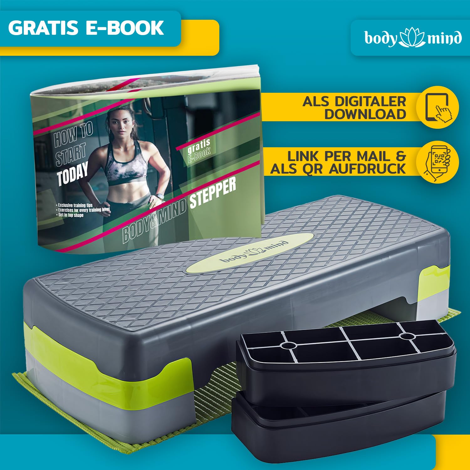 Body & Mind® Aerobic Steppbrett Stepper Step-Bench mit gratis Anti-Rutsch-Matte & exklusiven Trainings E-Book