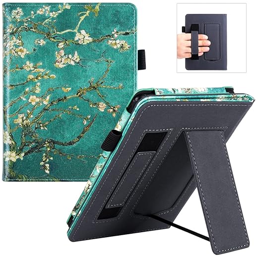 BOZHUORUI Stand Case for Kindle Paperwhite 5th/6th/7th Generation (2012-2017 Release,Model EY21 & DP75SDI) - PU Leather Protective Sleeve Cover with Hand Strap and Auto Sleep/Wake (Apricot Flower)