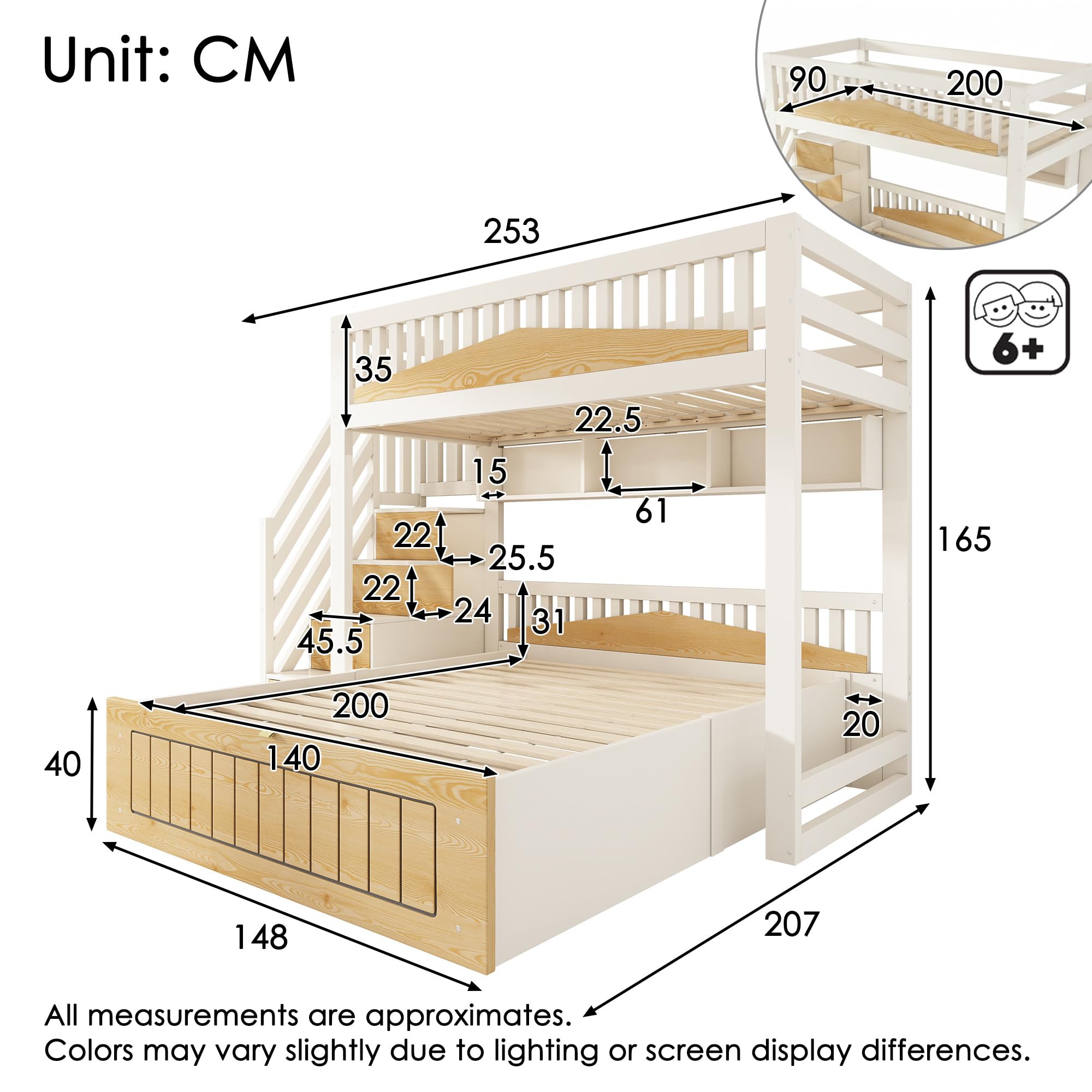 Merax Kinder Holz Etagenbett 90x200 & 140x200 cm mit Treppenschrank, hydraulischem Stauraum & USB-C Ladestation, Familienbett Hochbett mit Sicherheitsgeländer, Weiß Natur