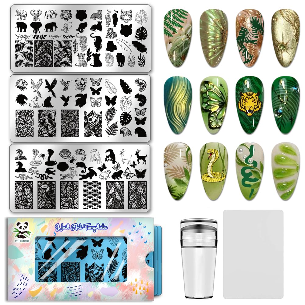 PH PandaHall 3 pezzi per unghie con animali selvatici, per nail art, template di tigre, elefanti, nail art, farfalle, serpenti, piastre per unghie per donne, fai da te, manicure e saloni