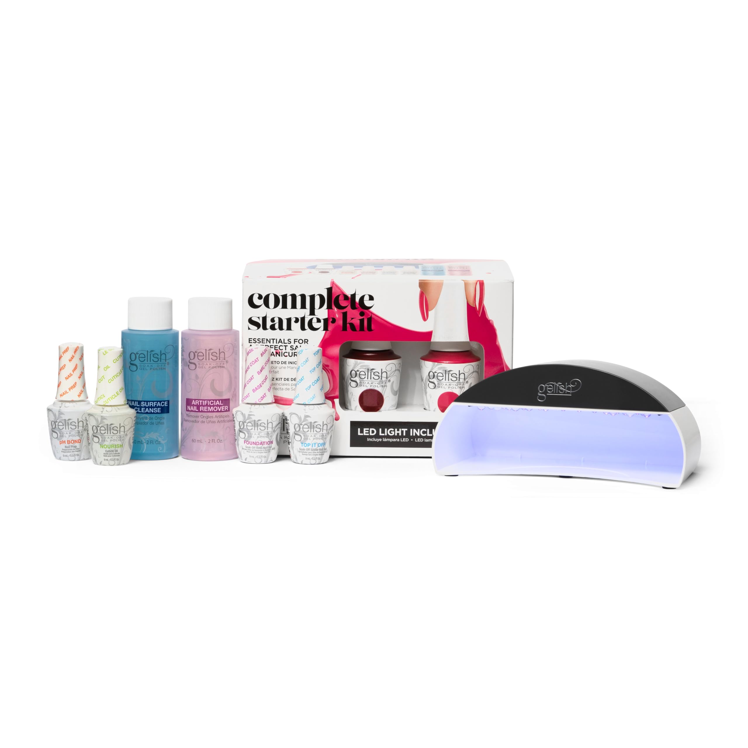 GelishComplete Starter Kit – LED Light, pH Bond, Foundation, Top It Off Coat, Nourish, Gel Polish Colors for Long-Lasting Gel Manicures at Home or Salon