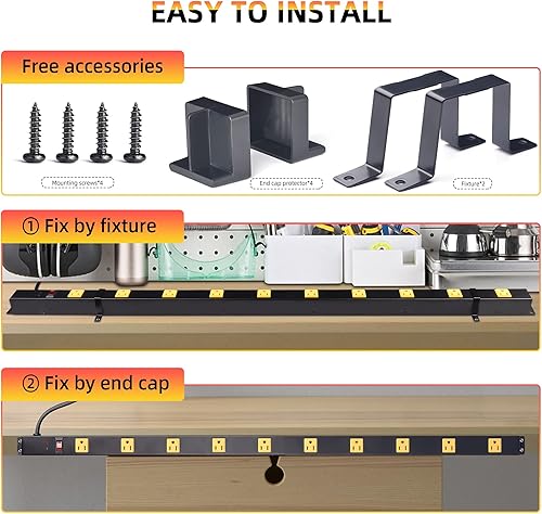 Miniatura 5 de Regleta protectora contra sobretensiones de 10 tomas de corriente, de metal industrial resistente, 6 pies, montaje en pared, para banco de trabajo,