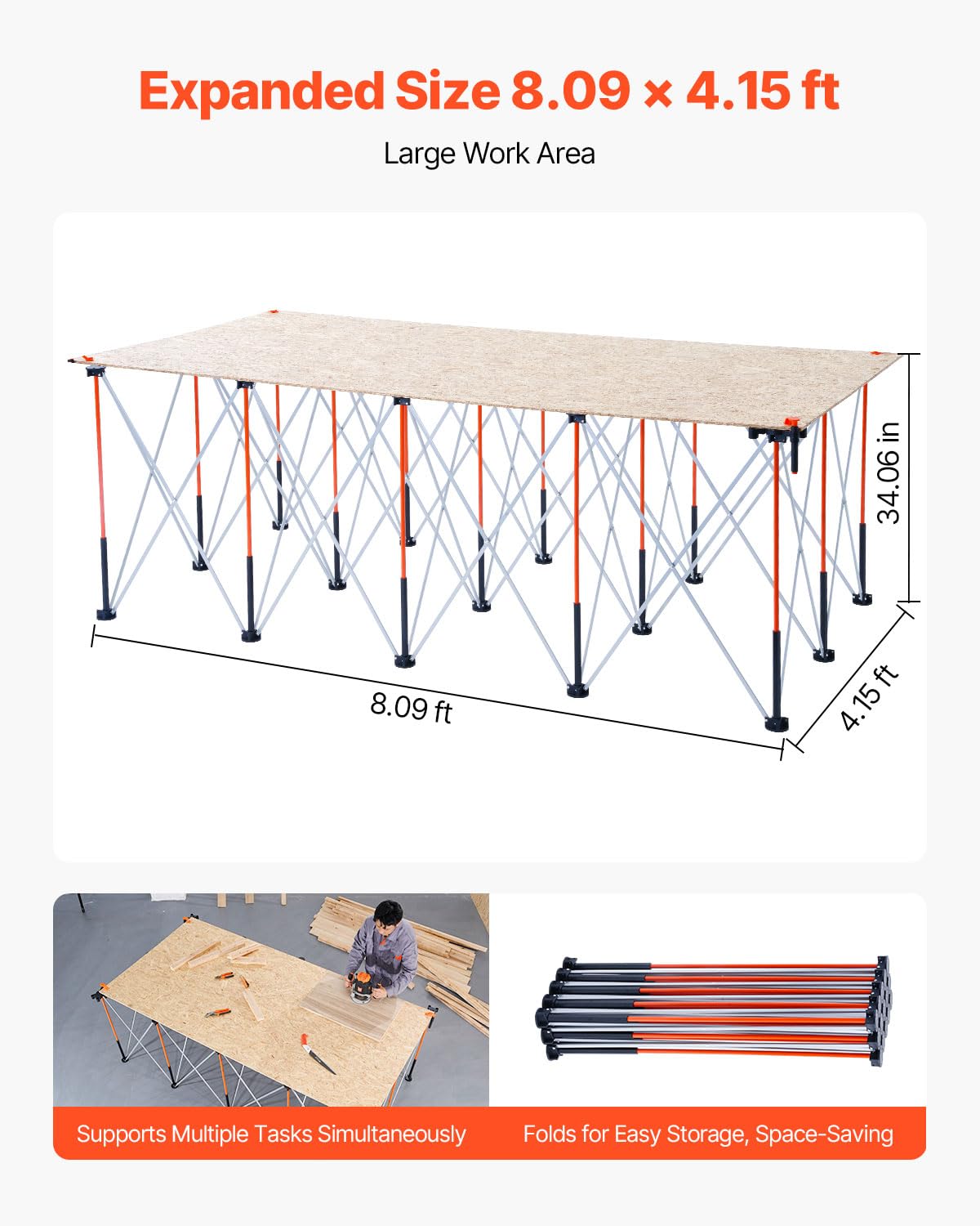 VEVOR Banco de Trabajo Plegable Portátil, Banco de Trabajo 2445 x 1255 x 865 mm con Bolsa de Almacenamiento (Tablero no Incluido), Capacidad de Peso de 2724 kg para Garaje, Taller y Exterior