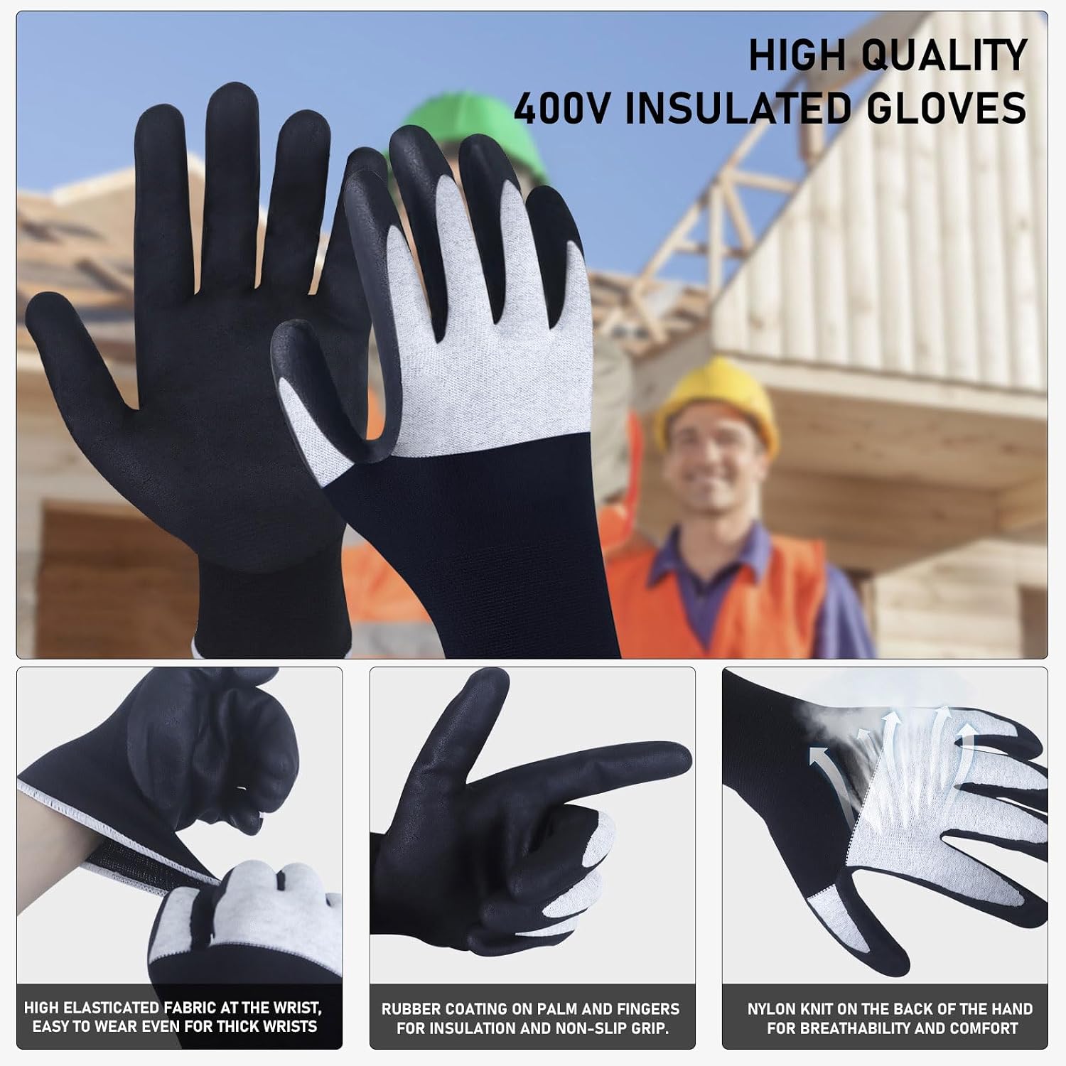 Xin Tester Electrician Insulated Gloves 400V, Electrical Work Gloves Rubber Low Voltage Resistance Non-Slip Texture Electrician Tool, Finger Tip Touch Smart Device Screen(Black) image 3
