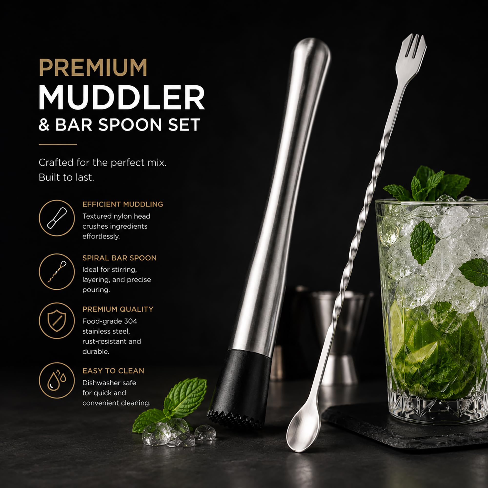 Stainless Steel Muddler & Bar Spoon Set - Home Bar Tools -2