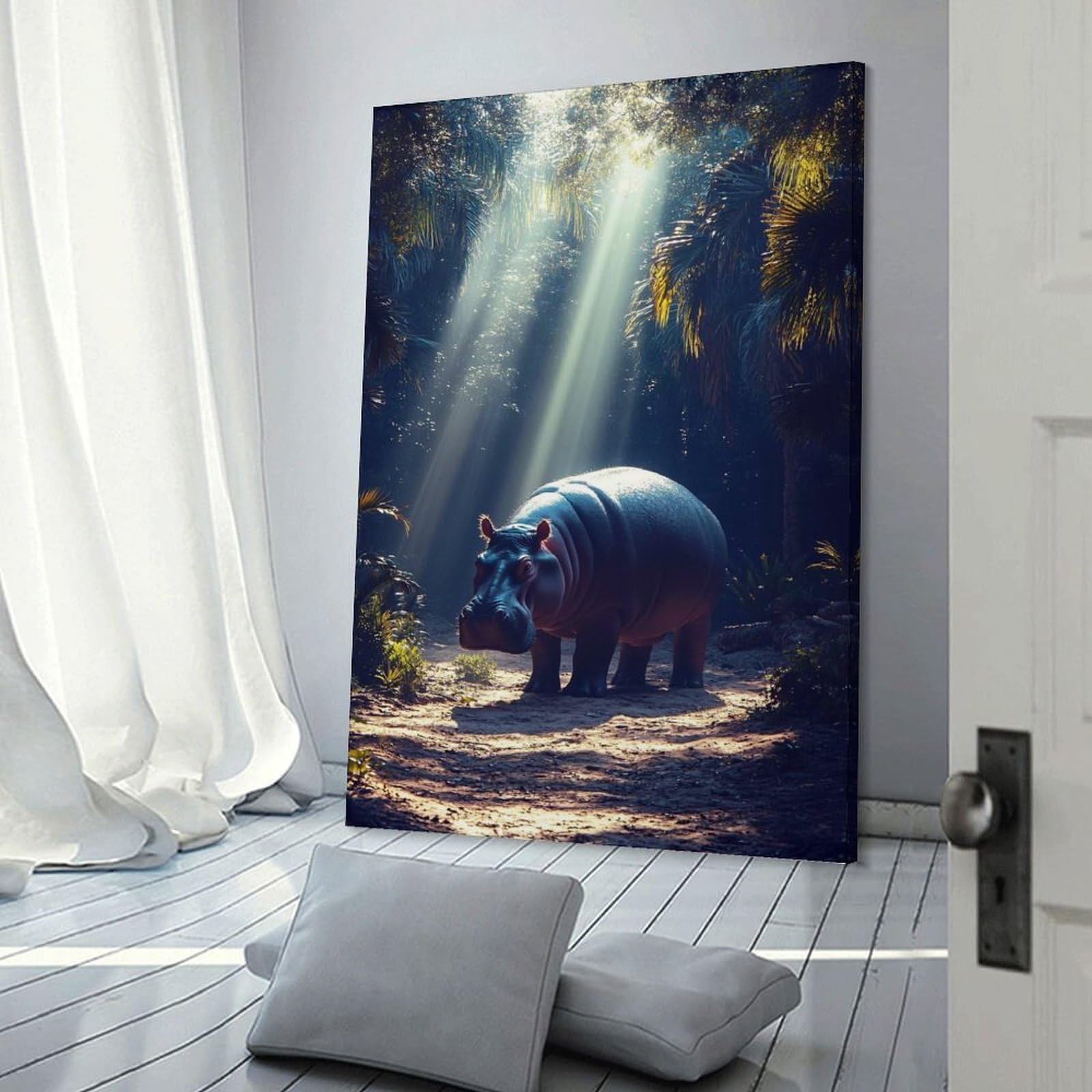 Junmoney Frame-Style-20 Hippo In Jungle Sunlight Wall Decor Canvas Print, 24X36inch(60X90cm), For Flats, Guest Rooms Or Compact Rooms, A Simple Refresh For Blank Walls