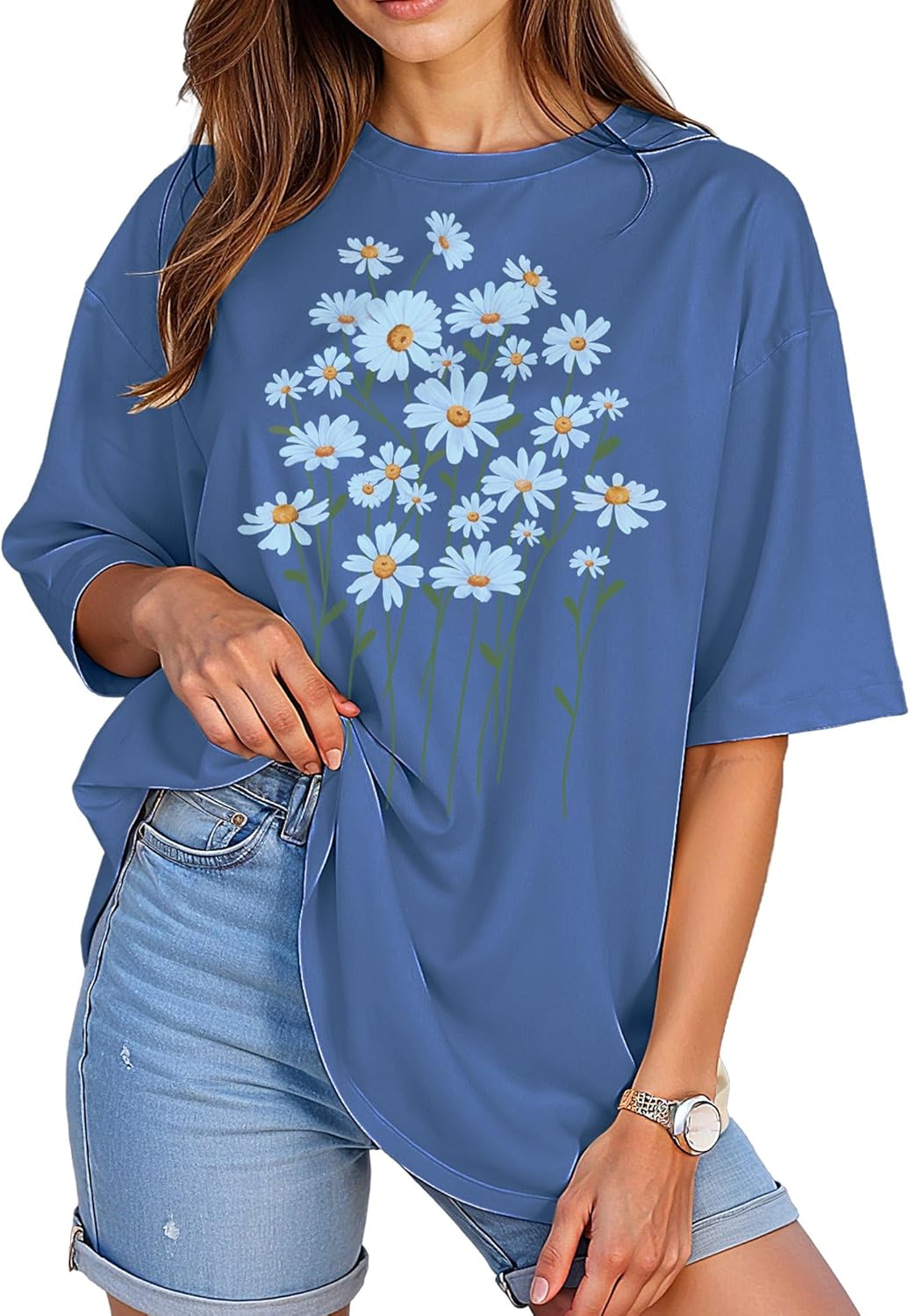 Women’s Oversized Graphic Tees Vintage Casual Drop Shoulder T-Shirt Print Summer Holiday Loose Fit Tops XX-Large Daisy01-brightblue