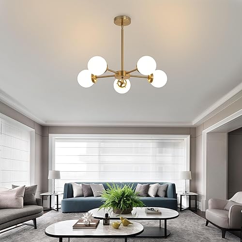 Miniatura 6 de WINGBO Sputnik - Candelabro moderno de 12 luces, lámpara de pedante con pantalla de globo de vidrio blanco ópalo grande para techo plano y