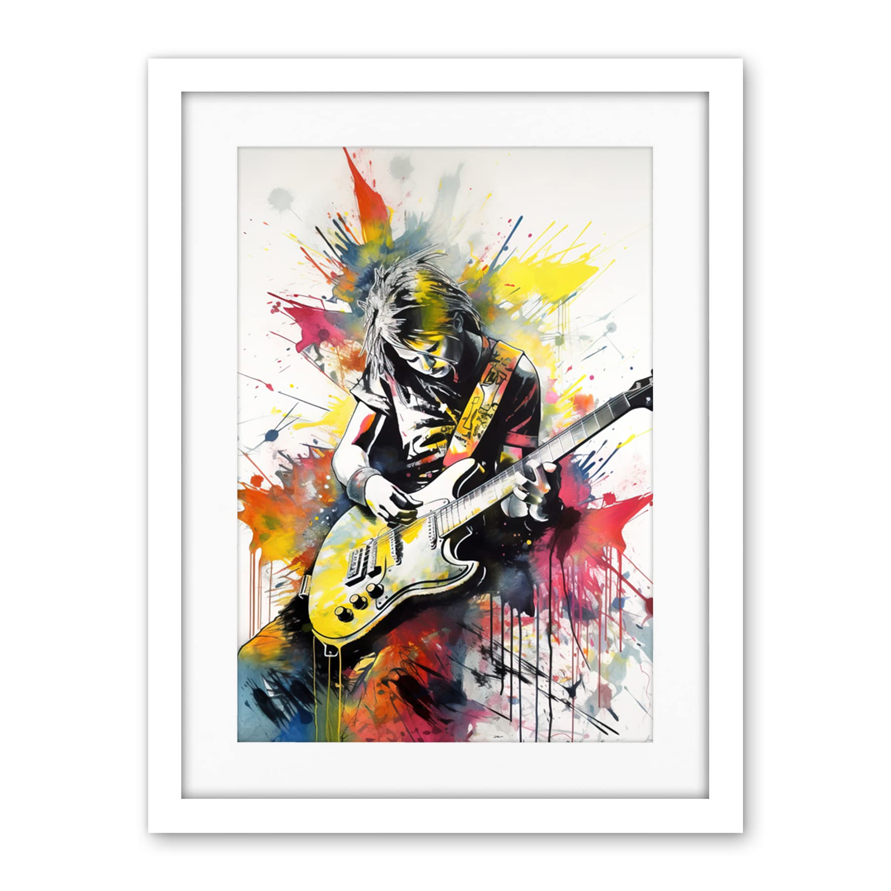 Artery8 Guitarist Playing Electric Guitar Music Solo Vibrant Modern Splat Paint Watercolour Illustration Artwork Framed Wall Art Print 18X24 Inch
