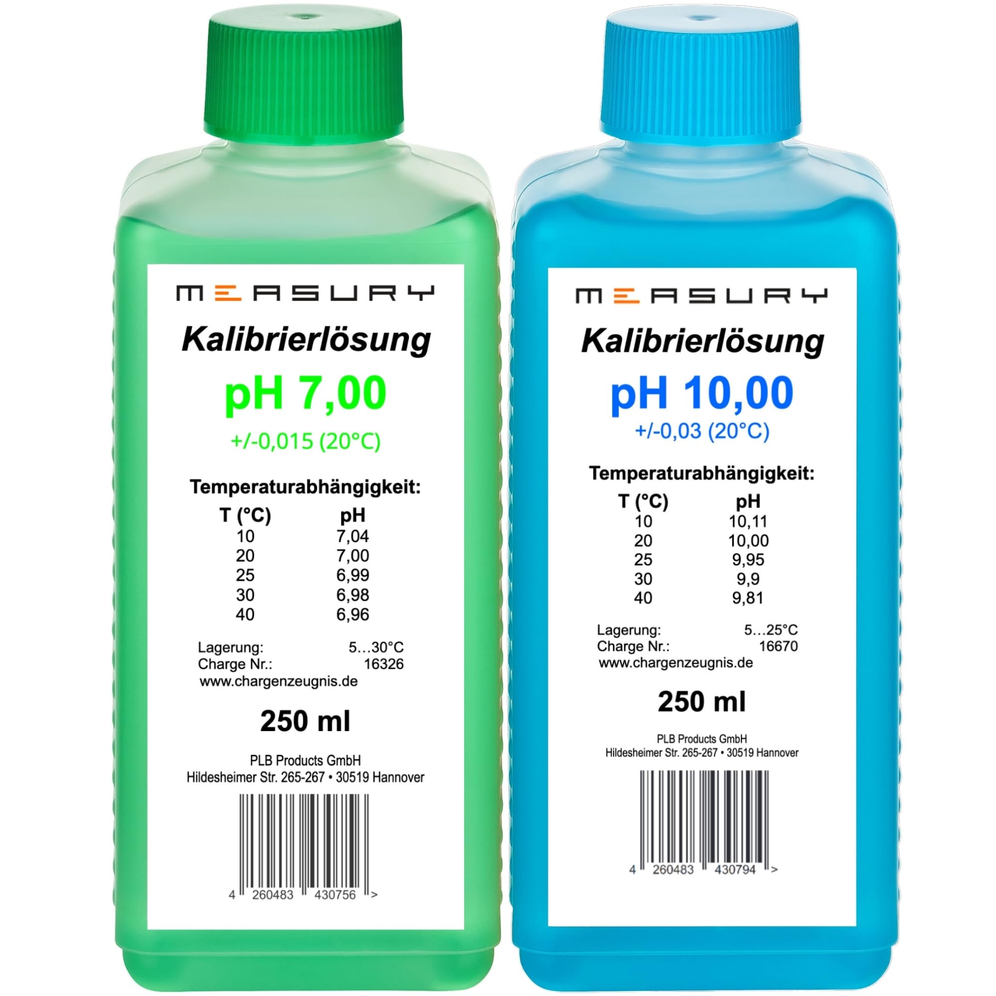 Measury pH Kalibrierlösung 7.00 und 10.00 - hergestellt in Deutschland, pH Pufferlösung je 250ml, Eichlösung Grün/Blau, Kalibrierflüssigkeit Set Eichflüssigkeit
