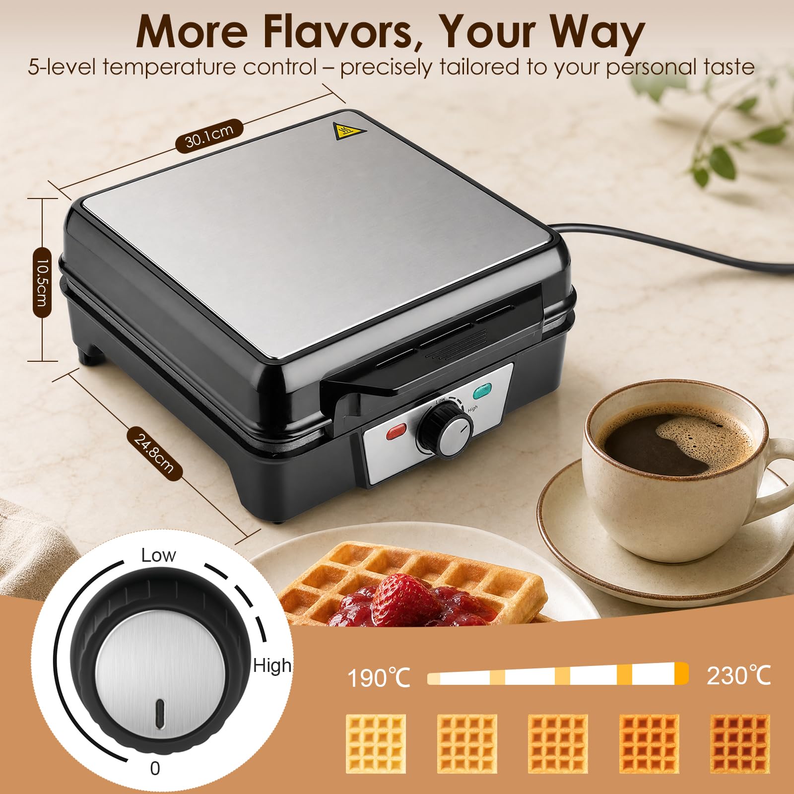 Cozary Gofrera 1200W – 5 Niveles, Acero Inoxidable, 4 Gofres