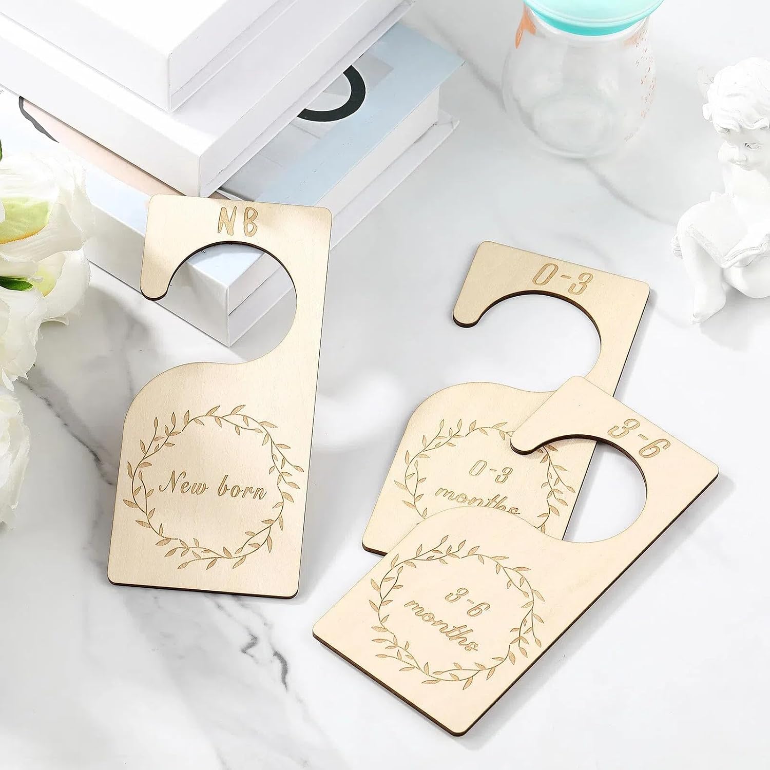 Patelai 7 Pieces Baby Closet Dividers for Clothes Organizer Wooden Hanging Double-sided Divider Organizers Baby Clothes Size from Newborn Infant to 24 Months for Home Nursery Boy Girl(Natural Wood)