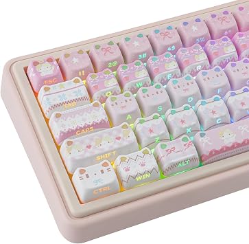 PBT Keycaps - Pink Meow Meow Keycap, 113 Keys Side Print Shine Through Cute Keycap, Mao Profile Custom Cat Keycaps for 60 65 75 100 Percent Cherry MX Mechanical Keyboard