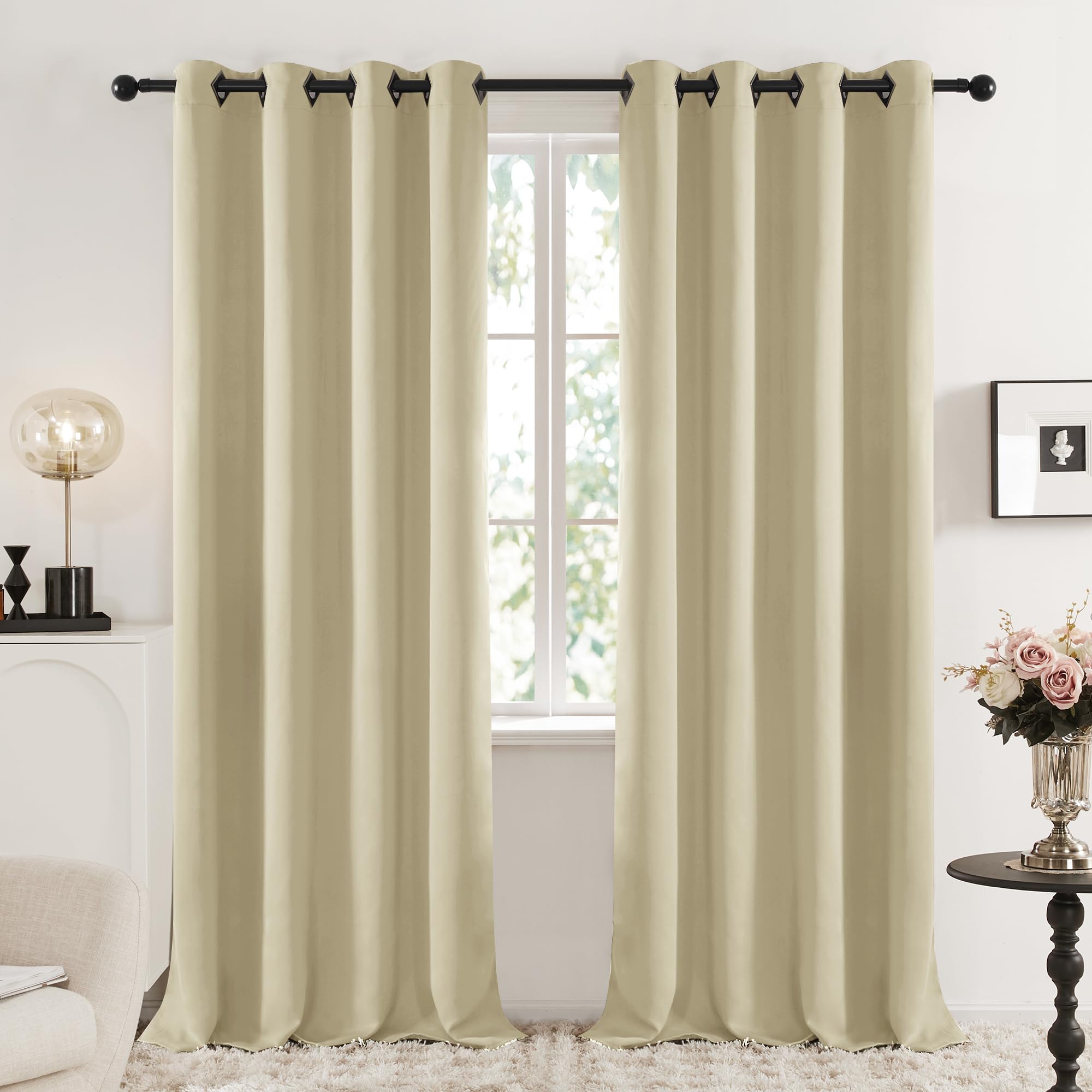 Deconovo Blackout Curtains with Black Eyelets, Super Soft Thermal Insulated Window Panels, Energy Saving Curtains for Living Room, W 52 x L 95,Warm Beige,2 Panels