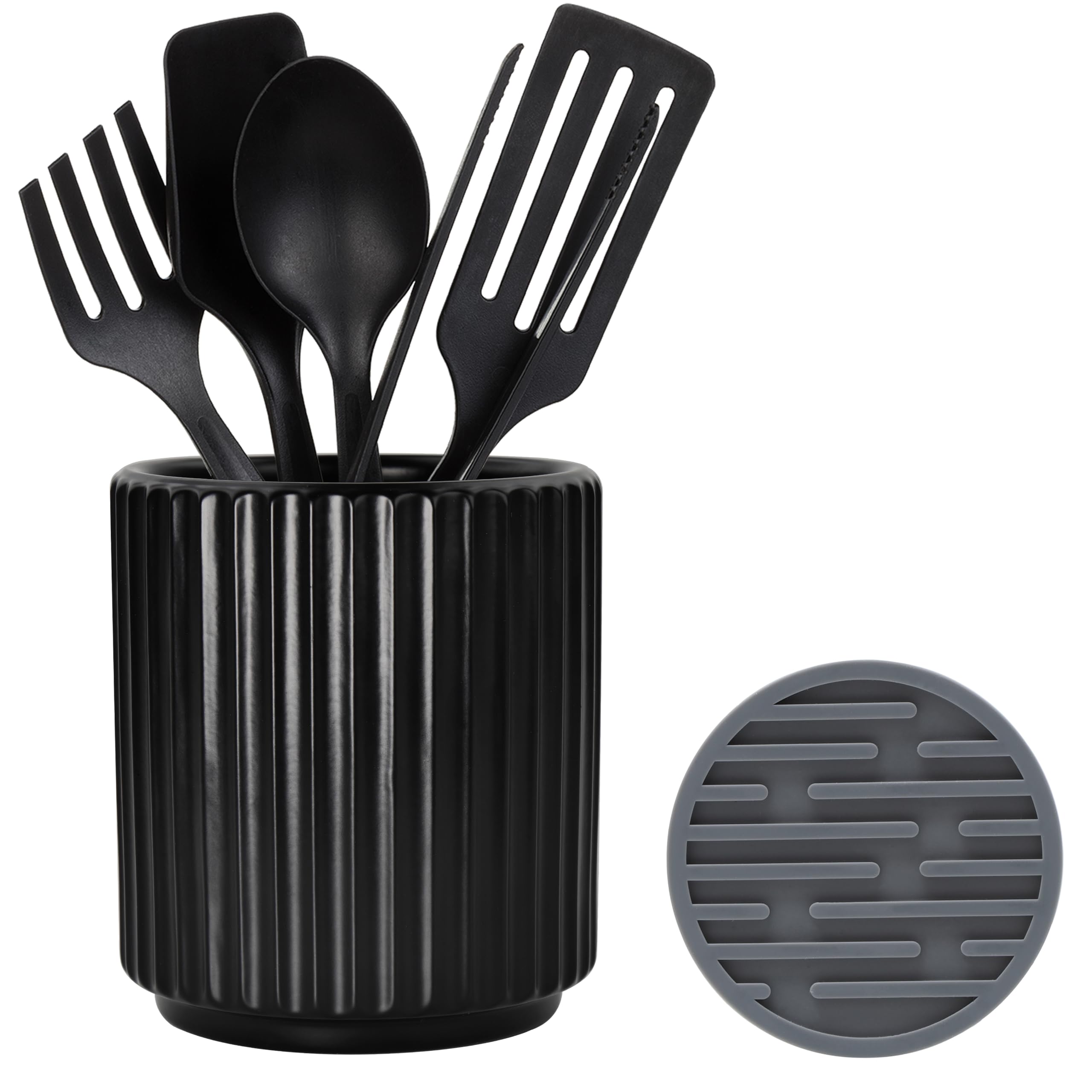 Muiltvoe Small Utensil Holder for Kitchen Counter (H5.51” x W4.92”) Ceramic Countertop Utensil Holder for Kitchen Utensils Crock for Countertop Includes Silicone Drying Mat Green