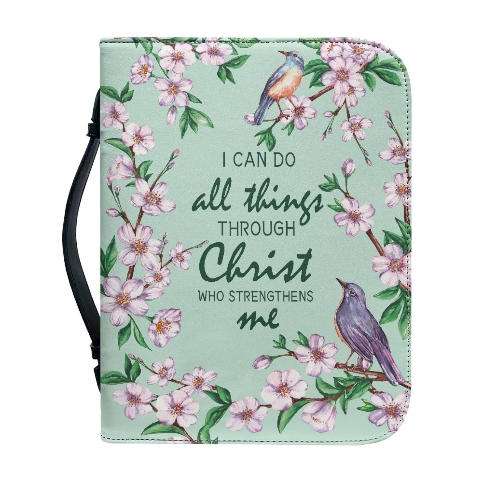 Talayituse Personalized Faux Leather Bible Cover for Men Women Christian Bible Case with Handle Carrying Book Case Bible Bag, Hummingbird Cherry Blossom - I Can Do All Things, M โ image 1