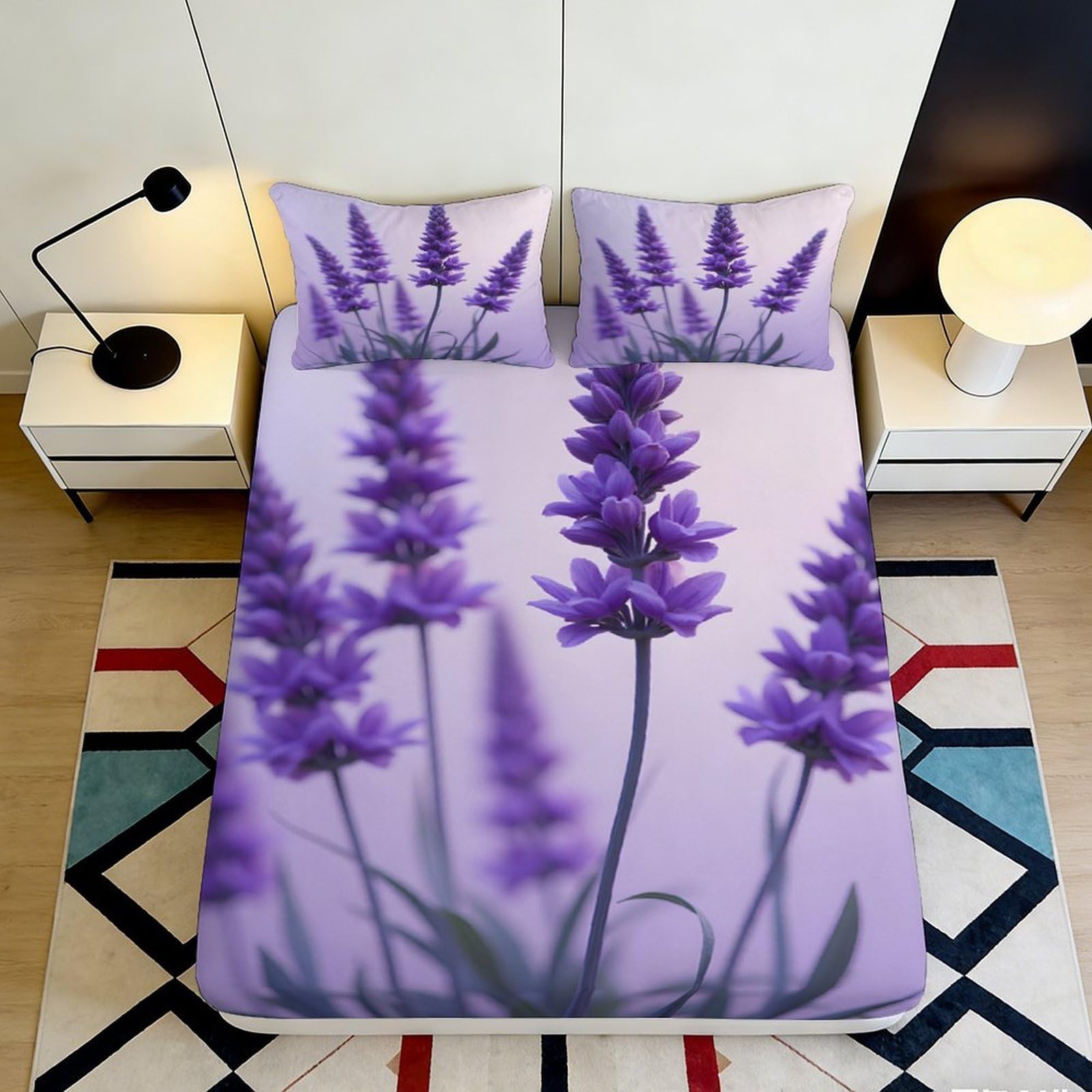 3D Printed Lavender Floral Fitted Sheet Microfiber Soft Purple Botanical Bed Cover for Bedroom Guest Room Dorm Decor 90x200x25cm