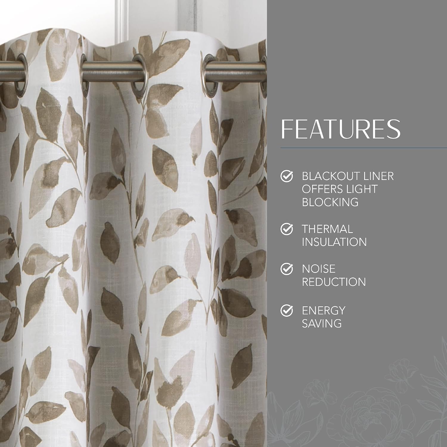 Avalon Modern Cottage Nature-Inspired Botanical Floral Leaf Print Blackout Linen Blend Window Curtain, 52 in x 95 in (1 Panel), Linen