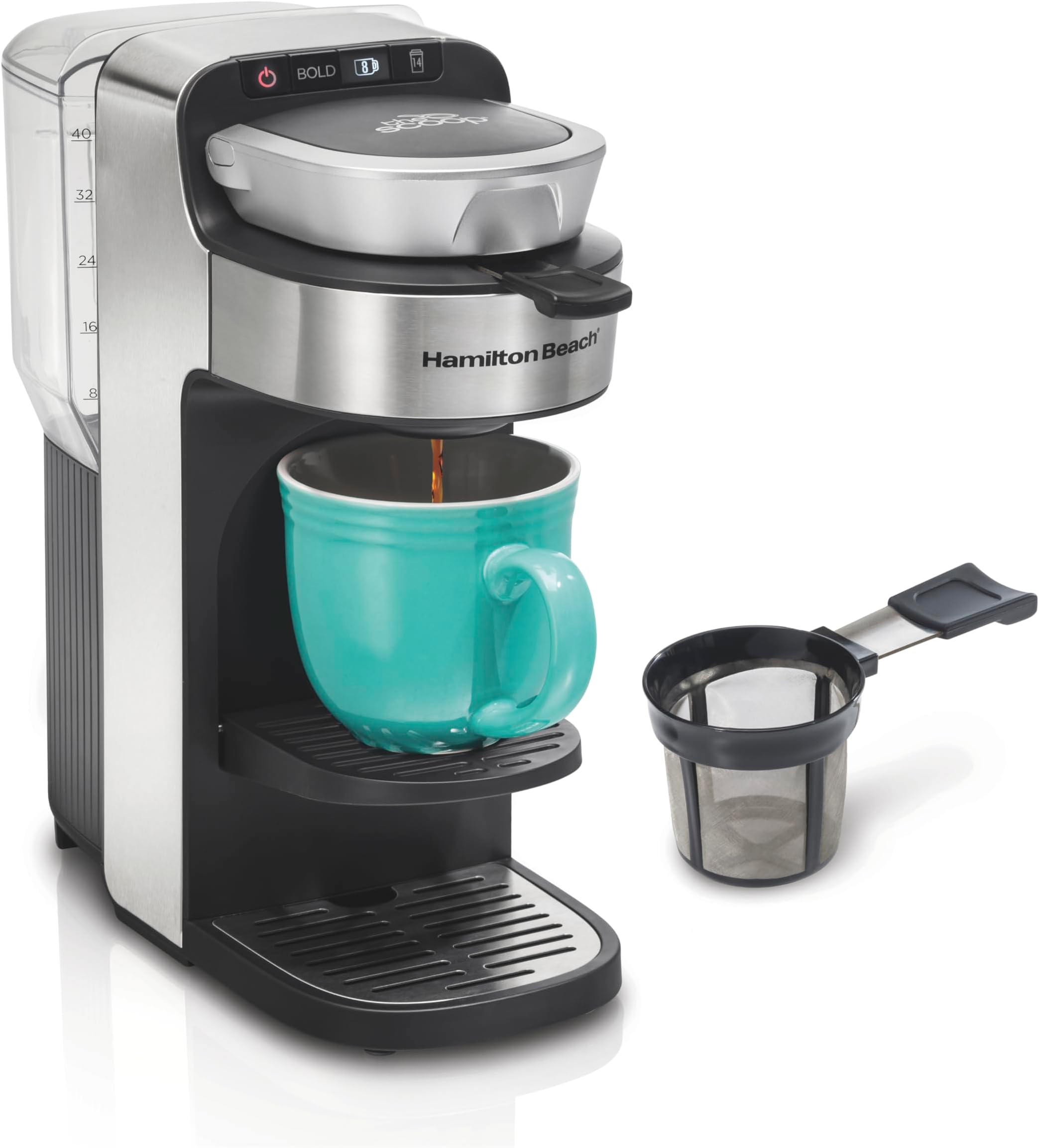 The Scoop Single Serve Coffee Maker & Fast Grounds Brewer for 8-14oz. Cups, Brews in Minutes, 40oz. Removable Reservoir, Stainless Steel (49987),Silver