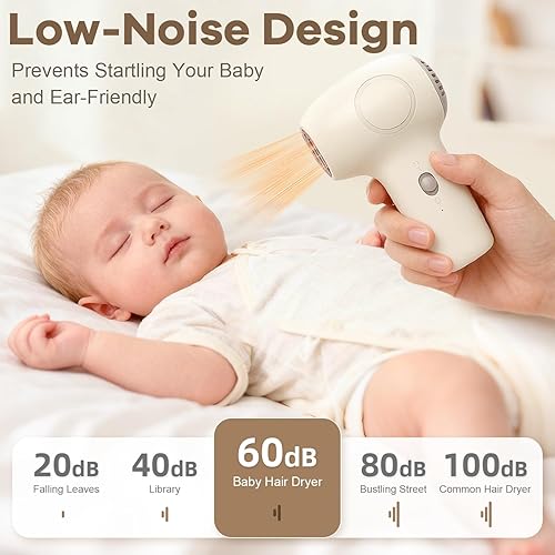 Miniatura 3 de Secador de pelo inalámbrico para bebé suave flujo de aire, mini secador de pelo portátil recargable para niños para viajes familiares, secador de