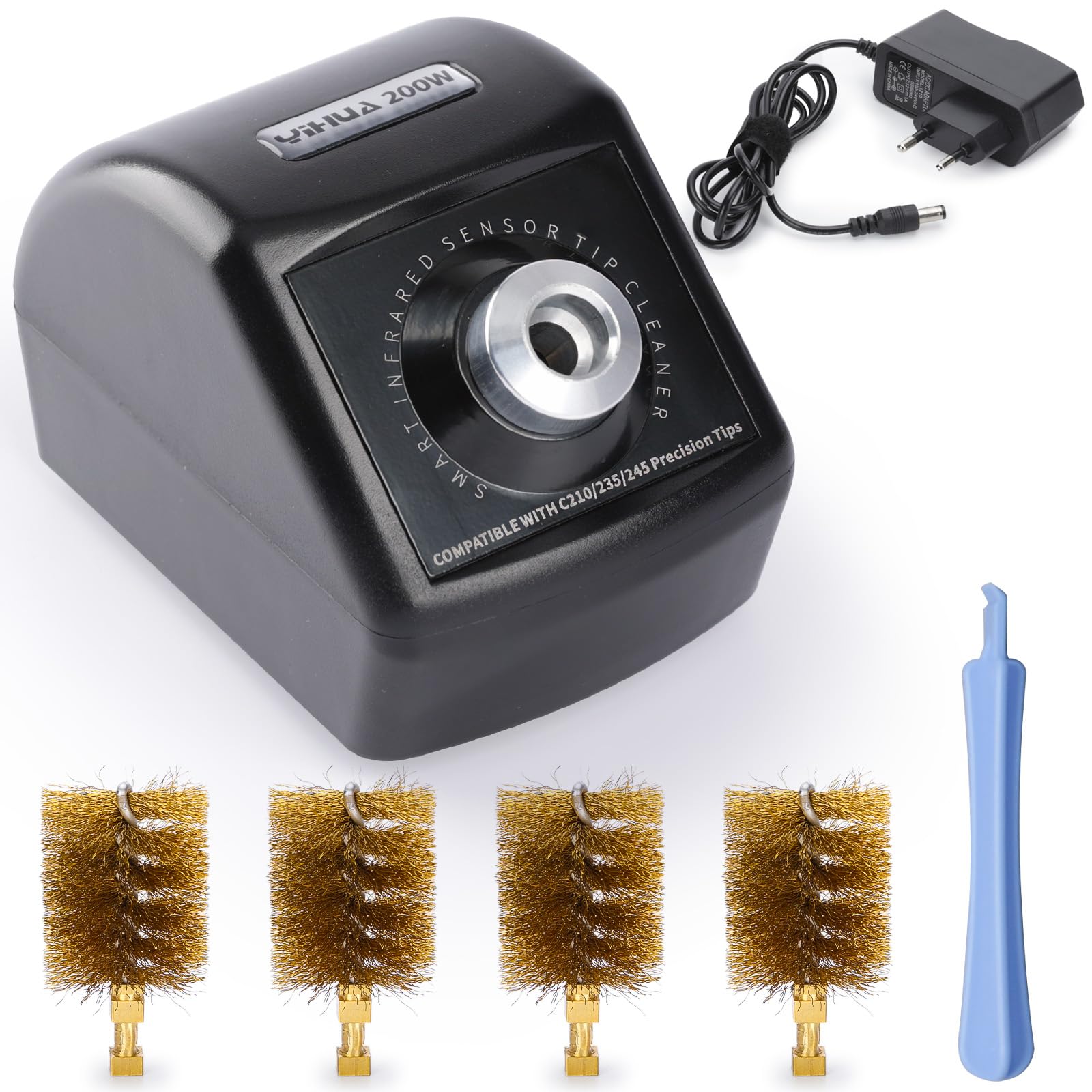 YIHUA 200W Detergenti per punte di saldatura motorizzato in rame con sensore a infrarossi, 4 spazzole in lana di ottone, adattatore di alimentazione 12V, compatibile con punte YIHUA C210, C245, C235
