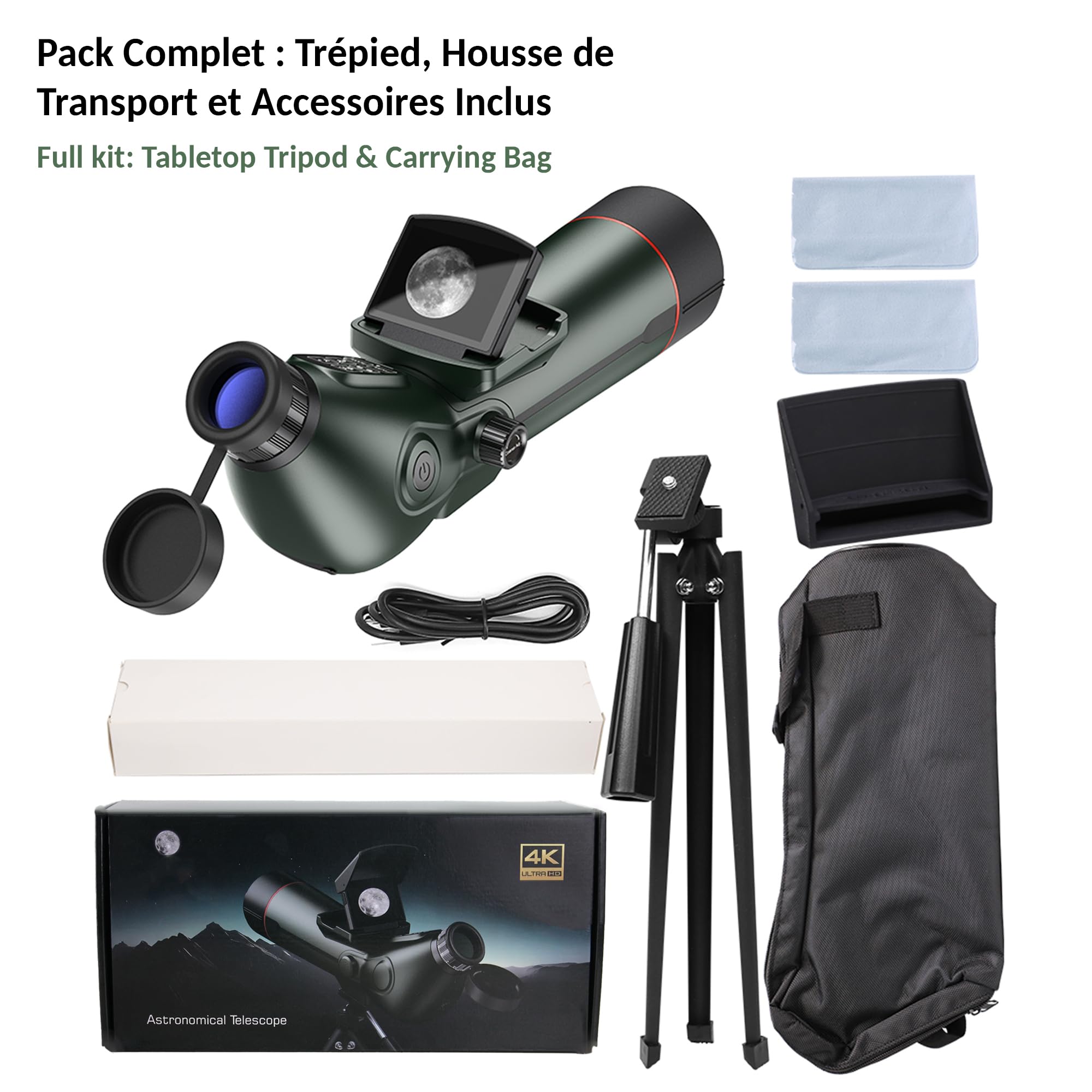 FISHTEC Monoculaire Numérique 4K - Télescope Longue Vue Grossissement x350 Zoom 18x Double Écran et Enregistrement Photo Vidéo 30MP - Rechargeable avec Trépied et Sac de Transport pour Nature et Ciel