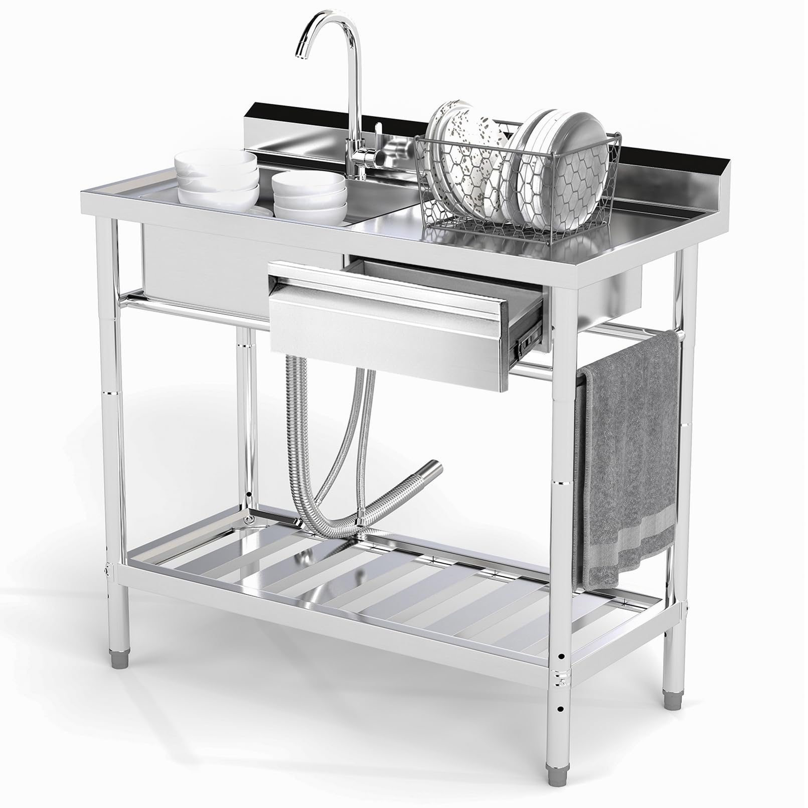 Trintion Freistehende Edelstahl Spültisch, 1 Becken mit Rechte Schublade, Gewerbliche Spülbecken mit Wasserhahn,Kalt und Warmwasserschläuchen,für Waschküche,Bauernhaus, Innen- und Außenspüle (39 Zoll)