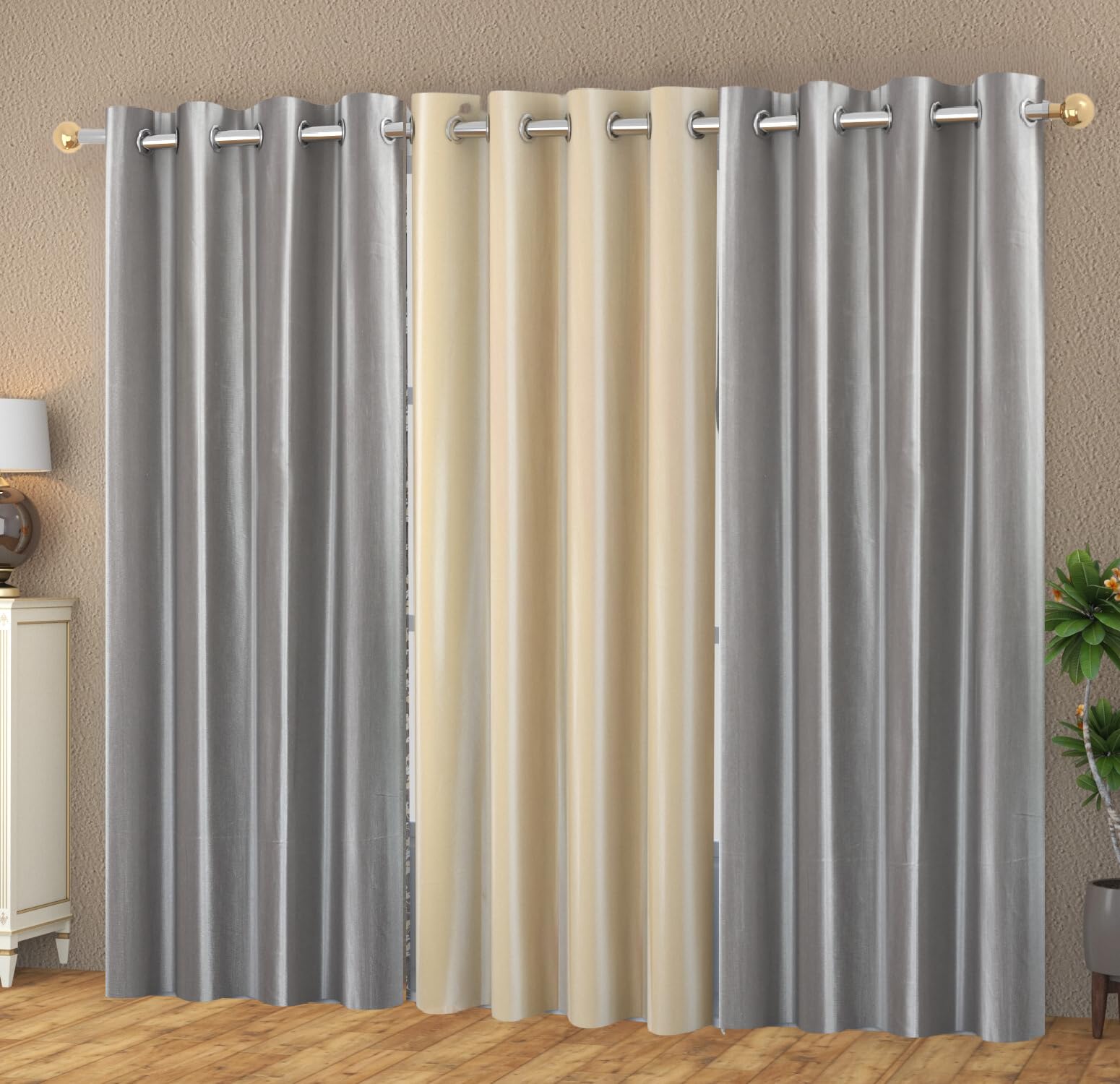 YUKANY Eyelet Polyester Modern Solid Crush Set of 3 Pcs. Door Curtains (7 Feet, 2 Grey + 1 Cream)