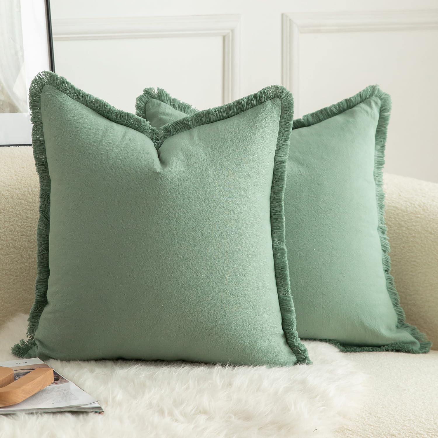MANDIOO Set of 2 Neutral Cotton Fringe Throw Pillow Covers Decorative Boho Farmhouse Cushion Covers Cozy Tassels Pillowcase for Couch Sofa Bedroom