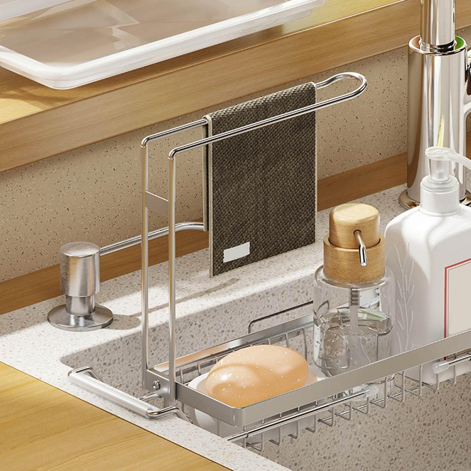 Organizzatore Lavello MAKA Allungabile 34-45cm - Griglia Acciaio Inox Per Spugne E Detersivi | Con Portasciugamani - Foto 9