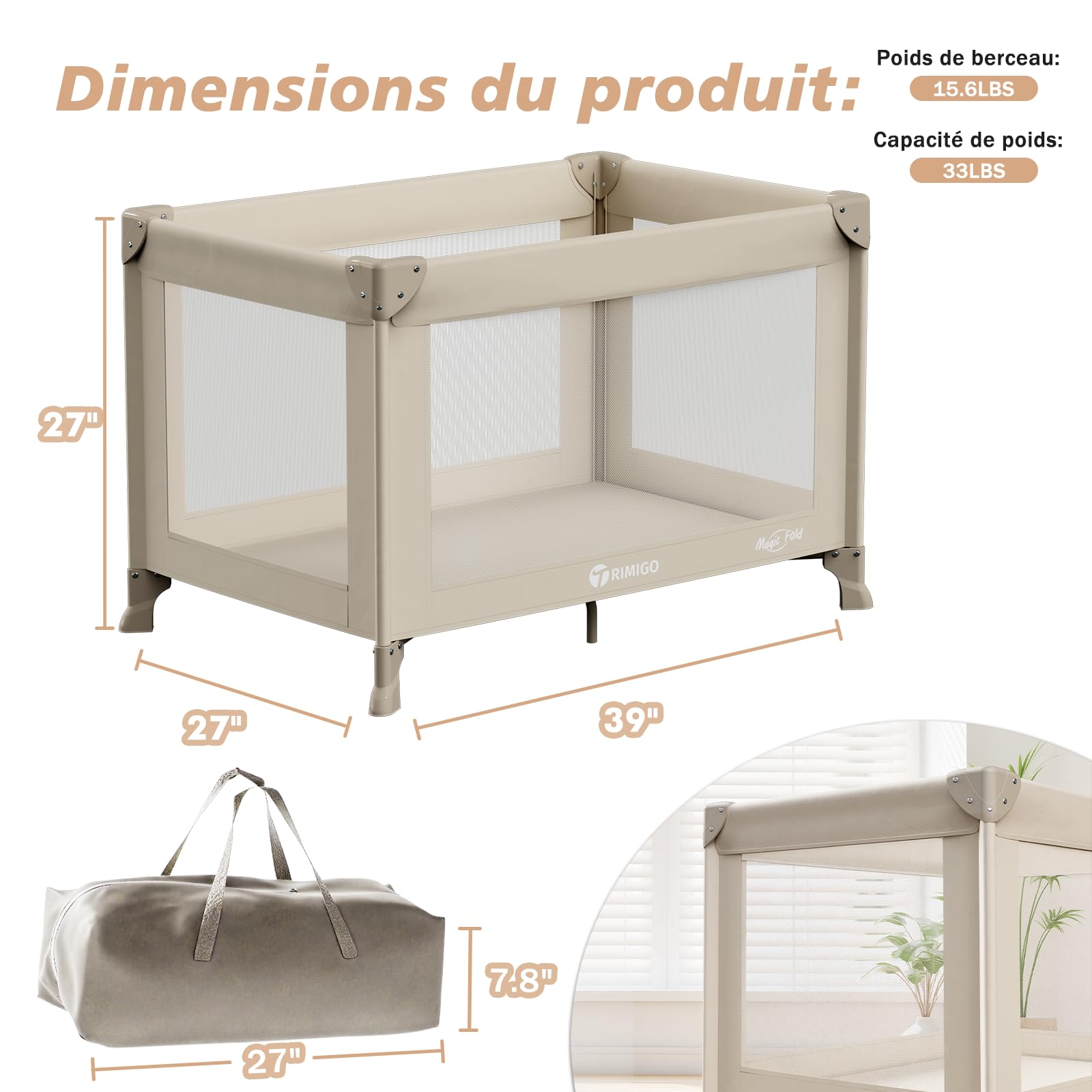 Pliable Lit Parapluie Bébé,Mini Lit Parc bébé 100 * 70 * 70cm| Lit Pliant Voyage Léger | pour Lits bébé | Parc à Jouer | Parc pour Chien| Enclos pour Chat | Inclus Sac de Transport（Kaki）