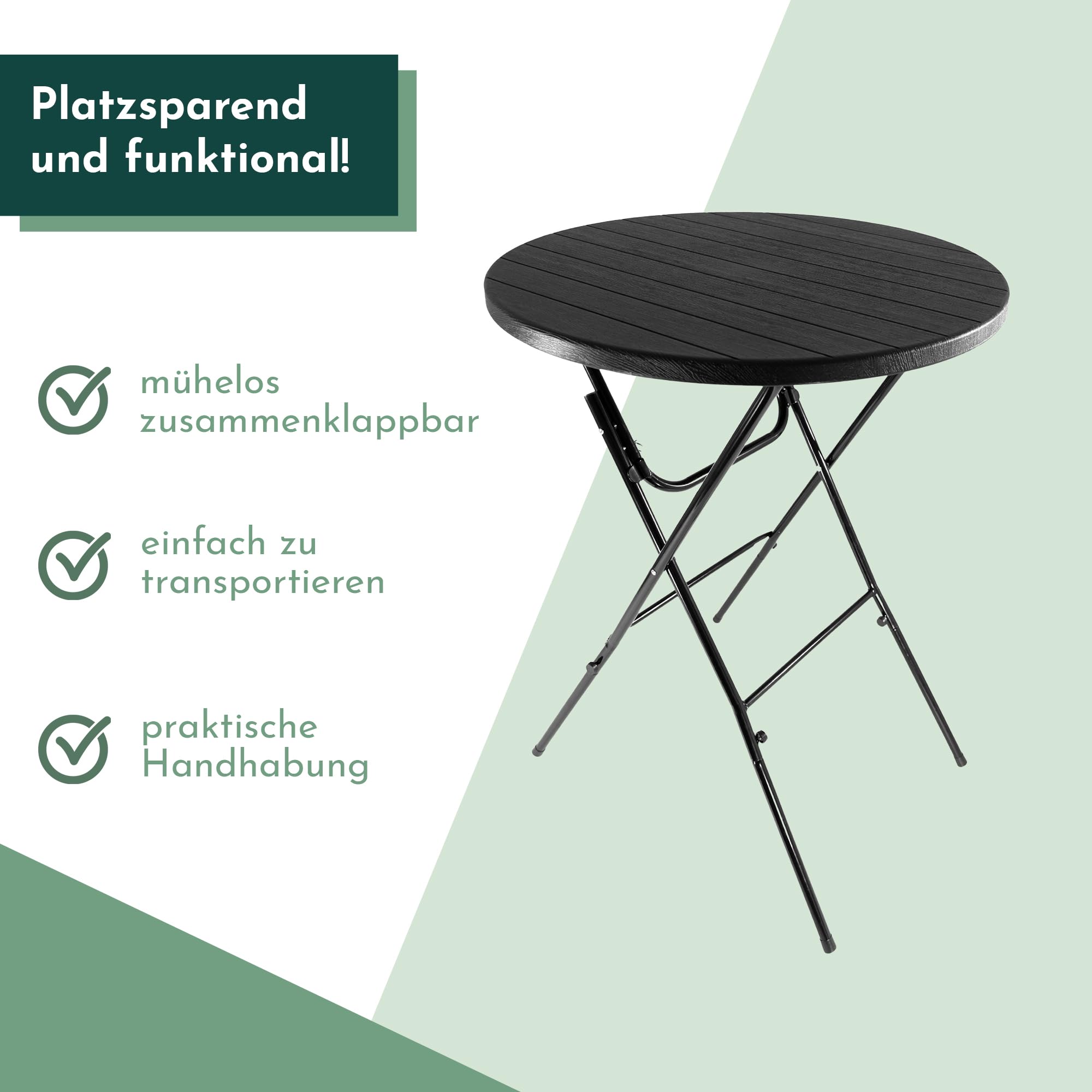 Lemodo Stehtisch klappbar 80 cm (Höhe 110 cm, bis 50 kg belastbar) schwarz Holz-Optik – mit Kunststoff-Tischplatte & Stahlgestell, abnehmbare Beine, platzsparend für Gartenparty, Hochzeit & Balkon