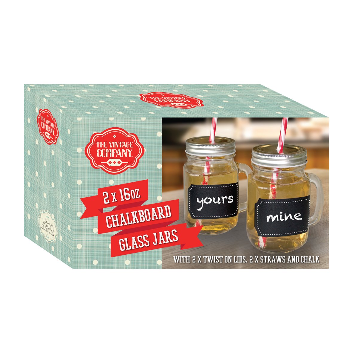 The Vintage Company Pack of 2 Clear Glass Mason Jars with Handles, Chalkboard Labels, Chalk, Lids and Straws, 10x7x13 cm