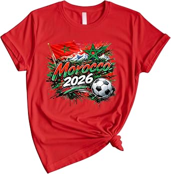 Daytee Morocco 2026 Soccer Fan T-Shirt, Football Graphic Tee for Adults, Red Sports Shirt, Sizes S-3XL