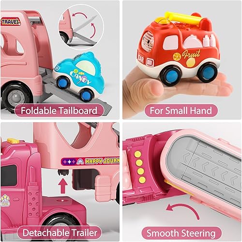 Miniatura 5 de Toddle - Juguetes de coche para niñas de 1, 2, 3, 4 años, camiones de transporte 7 en 1 para niños pequeños de 1 a 3 años con luz y música, regalos