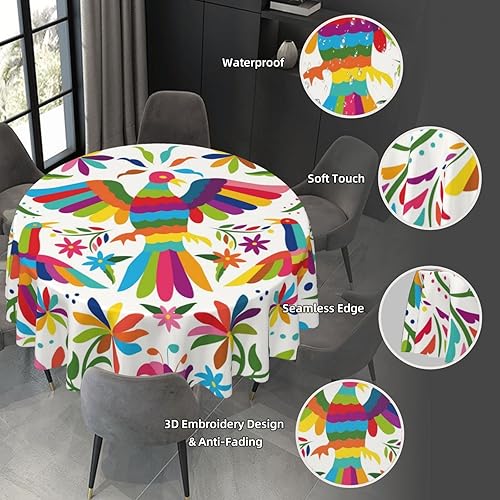 Miniatura 2 de Gianlaima Mantel redondo Otomi de flores mexicanas, diseño de pájaros mexicanos, impermeable, lavable, circular de 60 pulgadas para mesas de 20 a 47