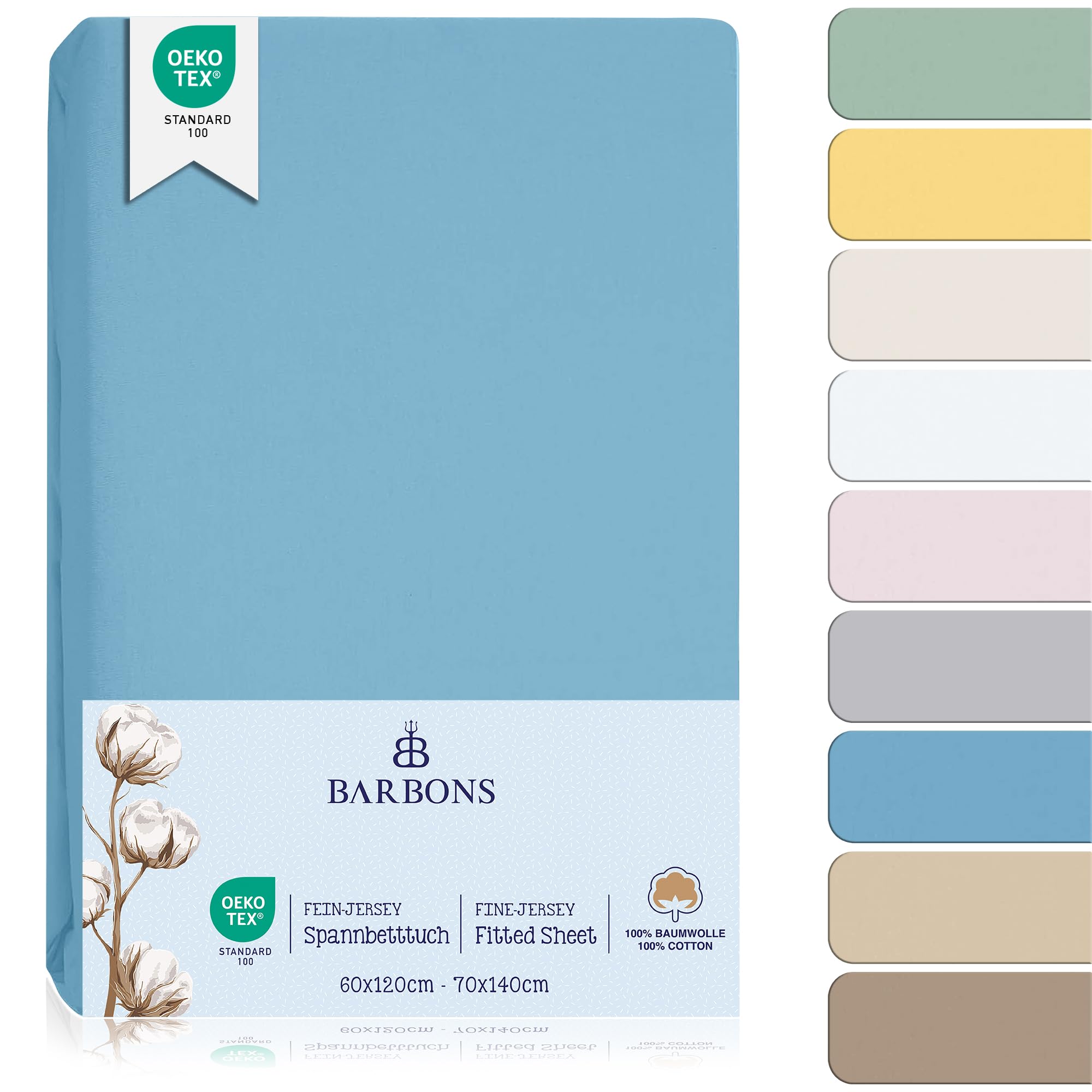 BARBONS Spannbettlaken für Baby/Kinderbett - 100% Jersey-Baumwolle Oeko-TEX Standard 100 Zertifiziert Bettlaken für Babybett (Hellblau - 60x120cm / 70x140cm)