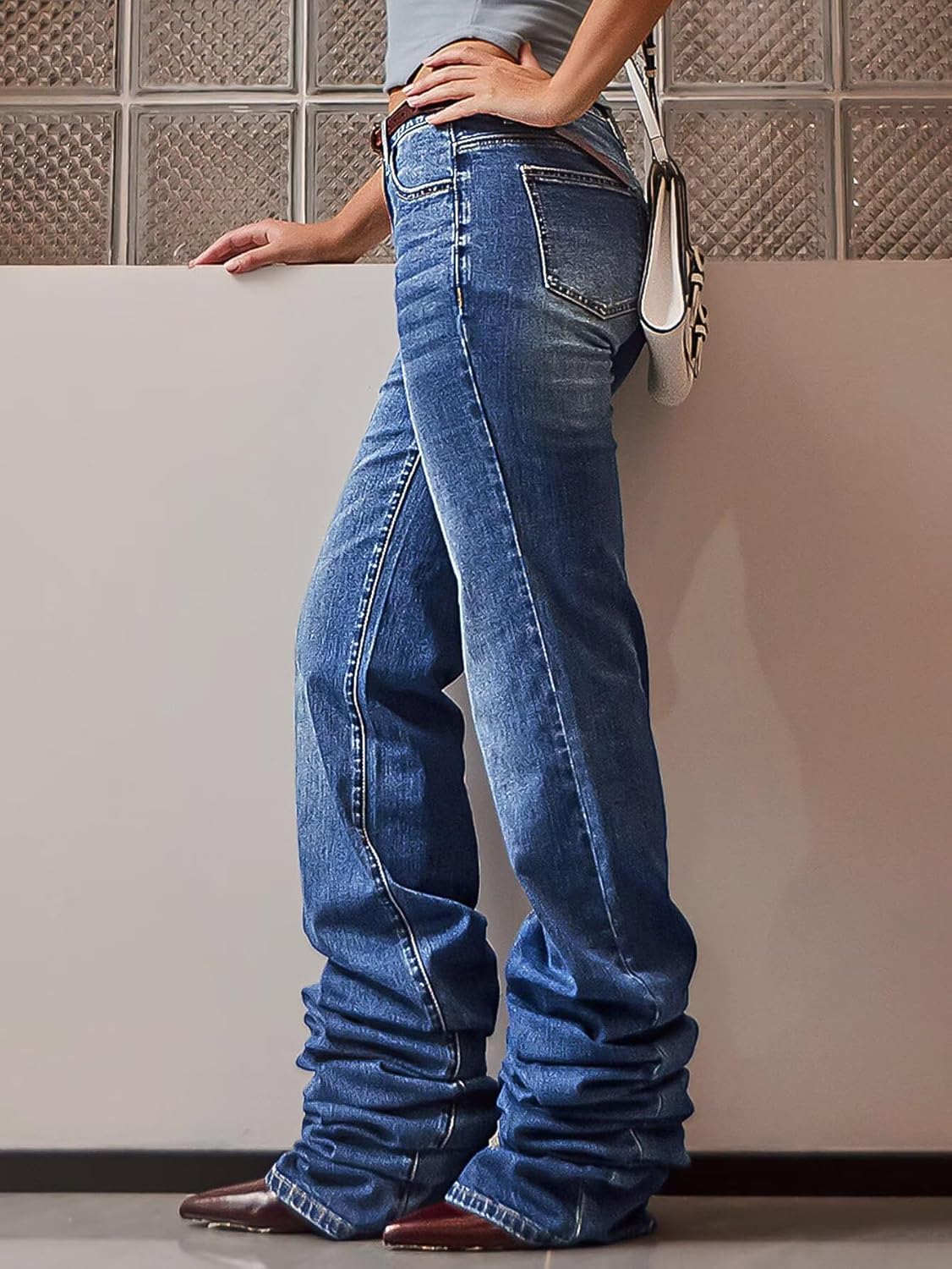 Flamingals ストレートレッグ ミッドライズ デニムパンツ 女性用 エクストラロング スタックジーンズ ポケット付き