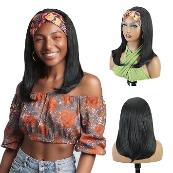 14 Inch 1B Black Straight Synthetic Hair Bob Headband Wig for Black Women | Glueless 10 Second Wear, Fits 19-21 In Head Circumference. Anti-Tangle, No See-Through, Non-Slip for Gym Daily, Odor-Free