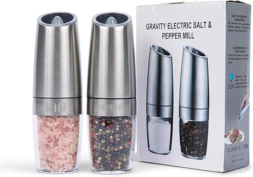Miniatura 3 de Juego automático de molinillo de sal y pimienta (2 piezas). Operación con una sola mano, grosor ajustable, luz LED azul, funciona con pilas,