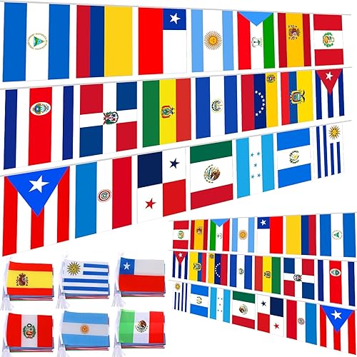 Juego de 6 banderas de cuerda de 21 países de América Latina, banderas de campo en idioma español, decoraciones de aula española, banderas mundiales